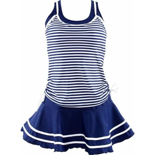 Women School Sporty Style Swimwear Navy stripes Print Tankinis Two Pieces Dress Swimsuits Plus Size