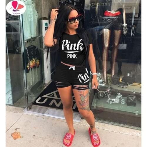 2020 WomenS Tracksuits Set Pink Letter Print Casual Summer Two Piece Sets Plus Size Tracksuits Women Tank Top and Shorts Outfit