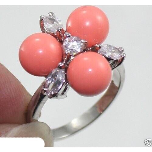 8mm Coral Pink South Sea Shell Pearl CZ Crystal 18KGP Ring Size 6/7/8/9