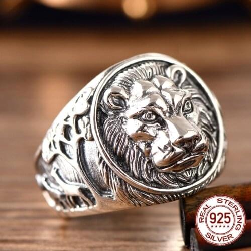 925 Sterling Ornament Cool Lion Head King of Beasts Cool Men Ring Thai silver Vintage Punk Gothic Biker Lion Head Finger Rings