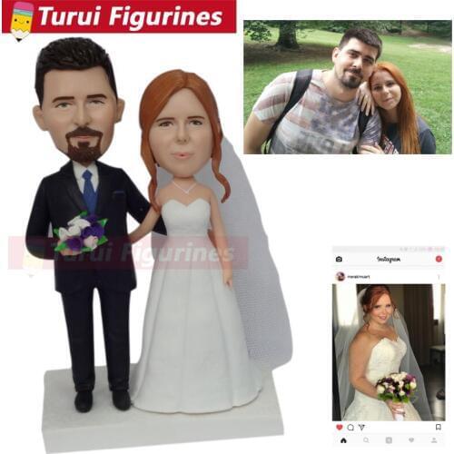 Two people getting married bride holding a flower wedding cake topper figurines custom bobblehead for wedding couple home decor