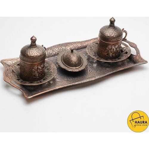Handcrafted Copper Cup with Ottoman Pattern Covered Authentic Design Turkish Coffee Espresso 2 Cups Set Tray Quality Product