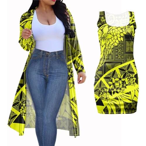 MOQ1 Yellow Original Tribal Polynesian Custom Print Women Clothing Set 2 Piece Outfits Long Coat Match Bodycon Dress Wholesale
