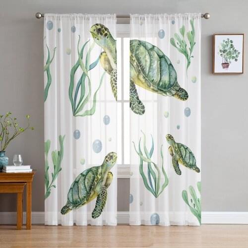Marine Life Sea Turtle Coral Sheer Curtains for Living Room Bedroom Kitchen Tulle for Windows Voile Drapes Home Decoration