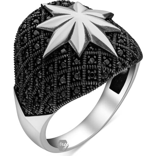 Solid 925 Sterling Silver Black Micro Stone Pole Star Mens Ring