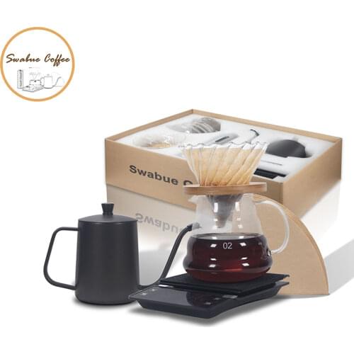 Swabue Pour Over Coffee Sets V60 Dripper Filter Papers Glass Pot 500ml Kettle Electronic Scales with Timers Cafe 5 Pcs
