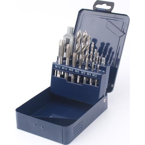 Set Of 15PCS DIN352 Sharp Taps M3-M12 Drill Bits 2.5mm-10.2mm 6542 HSS Metal Box Packing