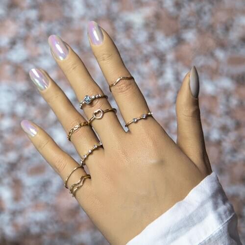 9PCs Bohemian Geometric Heart Carved Rhinestone Rings Set Gold Crystal Knuckle Finger Midi Ring for Women Jewelry Gift