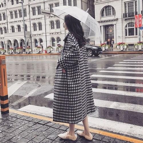 New Autumn Winter Womens Fashion Plaid Woolen Coat Casual Long Outerwear Female Loose Trench Overcoat Windbreaker