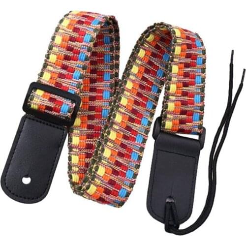 Ukulele Strap Embroidery Belt Adjustable Jacquard Band with Leather End for Bass Acoustic Electric Folk Guitar