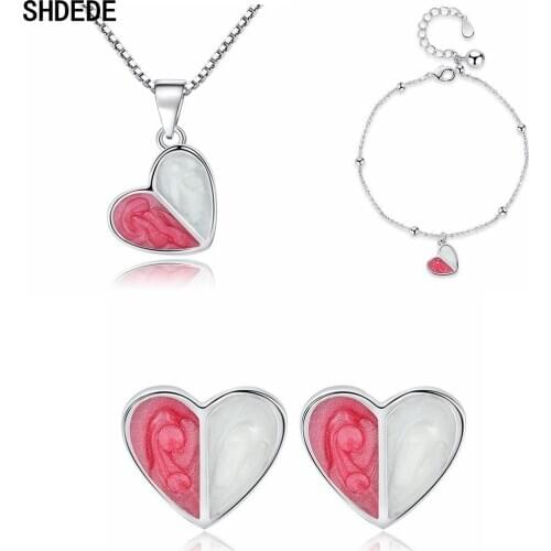 SHDEDE Enamel Heart Necklace Earrings Bracelets Wedding Bride Party Fashion Jewelry Sets For Women Anniversary Gift -WHE214