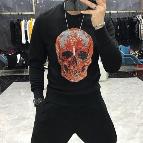 European Skull Diamond Winter Mens Hoodie Trendy Brand Top Oversized Sweatshirt Autumn Pullover