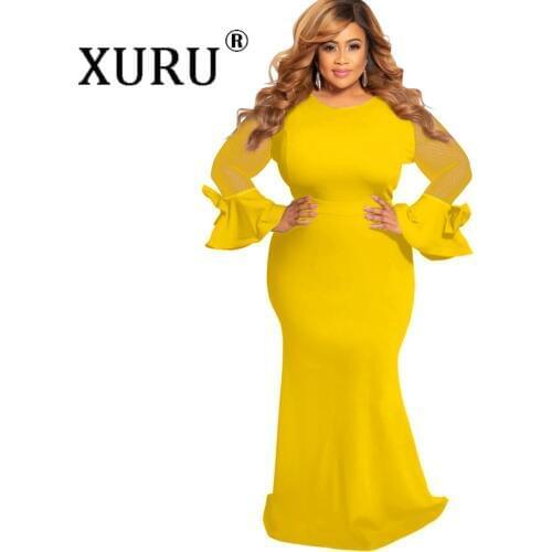 XURUAutumn Large Size Dress XL M-3XL-5XL European and American Womens Round Neck Long Sleeve Mesh Stitching Long Dress