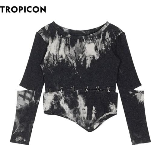 TROPICON Walf Checks Tie Dye Crewneck Long Sleeve Top Women TShirt Asymmetrical Top Black Designer T Shirt 2021 Fashion