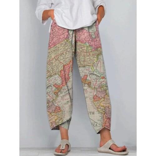 Women Wide-Leg Pants Adult Large Size Summer Home Loose Map Art Print Pants Elastic Waist Women Pants S-4XL Gray/ Green/ Pink)
