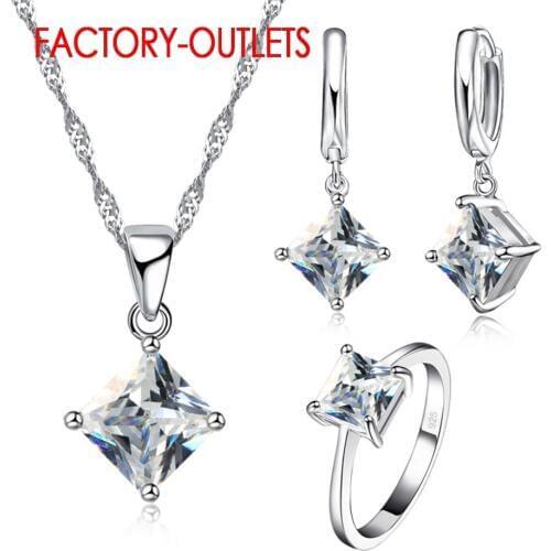 925 Sterling Silver Fashion Jewelry Set Classic 4 Claws Square Crystal Necklaces Earrings Women Girls Engagement Anniversary