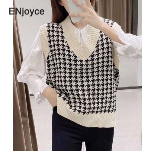 2020 Women Sweet Knitted Vest Waistcoat Houndstooth Sleeveless Stretchy Jacket Female Argyle Sweater Cute Chic Tops Mujer
