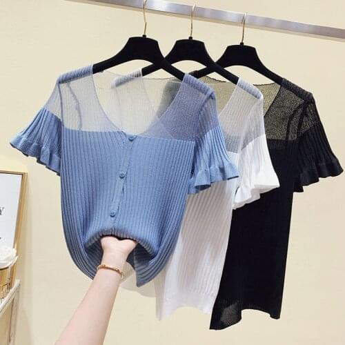 2021 Korea Pullover knitted Short Sleeve Knitted Sweater Women New Summer Slim Basic Solid Casual Base Female knitting Shirts