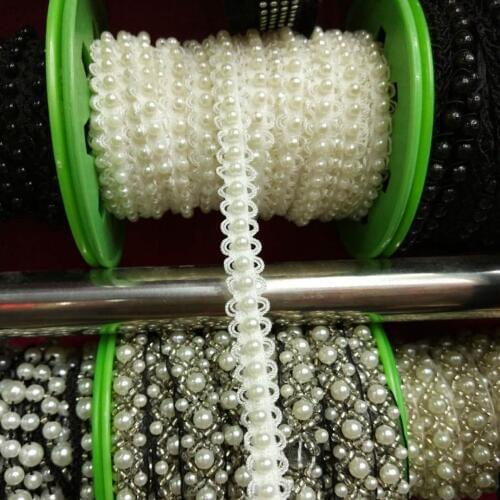 1yard Beaded Pearl Black beads Stretch lace White Trimming Beaded Elastic Lace Ribbon Applique Sewing renda For Wedding Dress