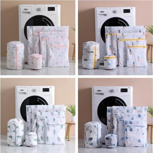 6 pcs/set Polyester Mesh Laundry Bags Blue leaves Pineapple Cactus Printing Washing Bag for Dirty Clothes