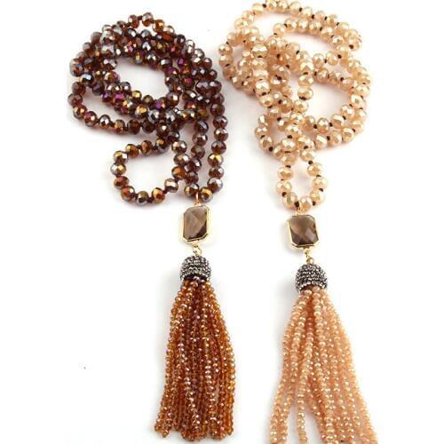 Free Shipping Fashion Bohemian Jewelry Long Crystal Glass Knotted Rectangle Crystal Glass Tassel Necklace