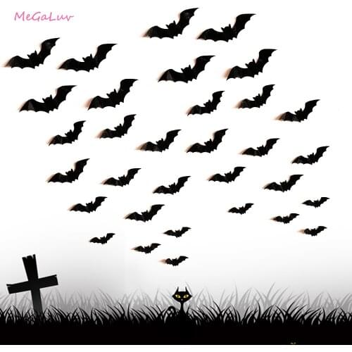16pcs Black PVC Halloween Supplies 3d Bat DIY Halloween Party Decoration Wall Sticker Bar Room Horror Bats Party Spooky Props