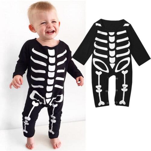Newborn Baby Boys Girls Halloween Lovely Causal Rompers Long Sleeve Print Black Cotton Jumpsuits Romper Outfit 0-24M