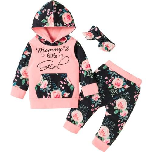 0-3Y Baby Girls Clothes Set Letter Patchwork Long Sleeve Hoodies and Floral Long Pants with Headband 3Pcs Autumn Outfits