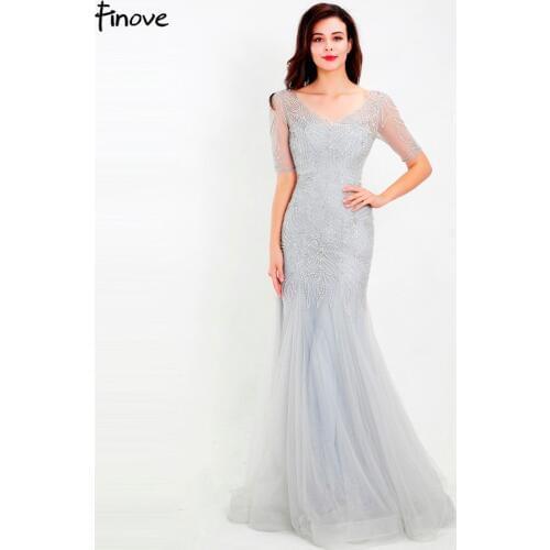 Finove 2020 Evening Dress Long Floor Length Illusion Sliver Tulle Fully Beaded Mermaid Woman Dress Formal Party Gowns Plus Size