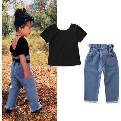 2Piece Spring Toddler Summer Clothes Fashion V-Neck Short Sleeves Baby T-shirt+Children Jeans Little Girls Clothing Sets BC1087