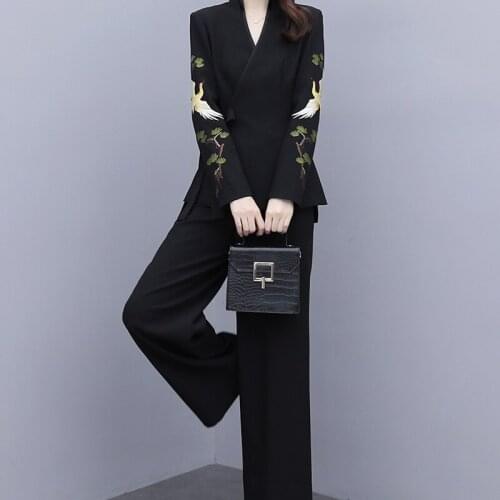 Chinese Style Clothing Women Embroidered Suit For Women 2021 New Autumn Temperament Hanfu Top Loose Pants Two Piece Sets 12393