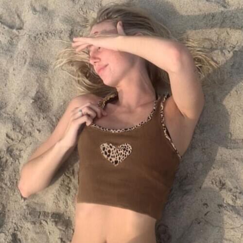 Leopard Heart Pattern Crop Tops Women Cute 2021New Brown Patchwork Hit Summer Sleeveless Casual Tee Tank Top Vest Streetwear