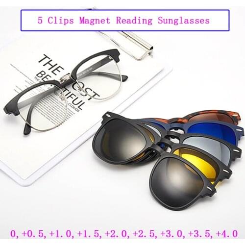 TR90 Frame 5Clips Magnet Reading Sunglasses Set Men Women Shades Sun Presbyopic Glasses Polarized/Flash Mirror/Night Vision Lens