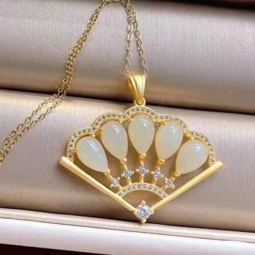 Natural Hetian Jade Egg Surface Fan Pendant Womens Accessories Sweater Vintage Necklace Ethnic Style Chinese Style Cheongsam A