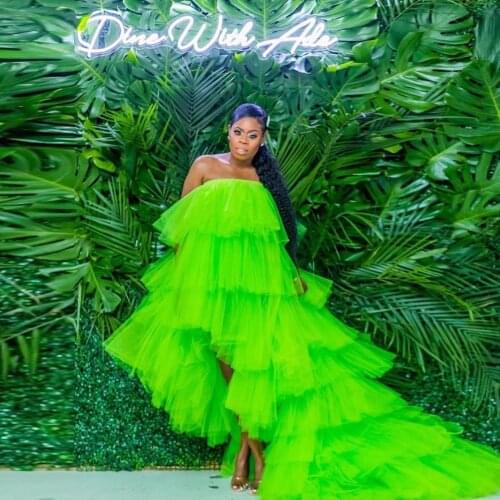 Puffy Formal Dresses Long Tulle Evening Party Dress abendkleider robe de soiree Custom Made Evening Gowns Tiered Neon Green
