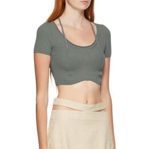 Halter 9.28 Collar Sexy Short Sleeve Rib Knit T-shirt Fashion Streetwear Slim Crop Tops Ladies