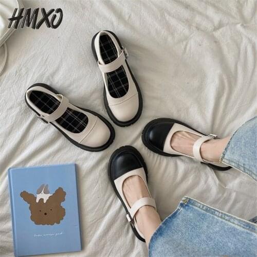 HMXO Round Toe Mary Jane Shoes Thick Bottom Jk Big Head Shoes British Leather Shoes Peas Color Matching Word Buckle Flat Shoes