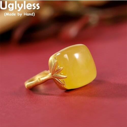 Uglyless Handmade Bamboo Leaves Rings for Women Natural Jade Square Rings Gold 925 Silver Jewelry Pandas Favorite Bamboo Rings