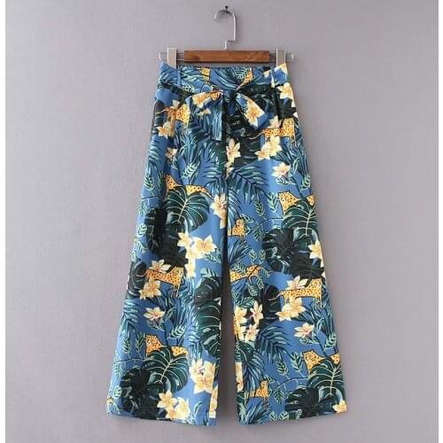 Woman Pants Women Mid Waist Wide Leg Ruffle Pants 2019 Spring Autumn Belted Waist Floral Tiger Print Loose Long Palazzo Pants
