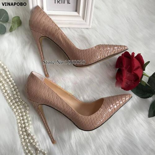 Nude high heels 2019 snake Patent Leather print Women shoes pumps party wedding shoes Women size 43 shallow sexy ladies shoes