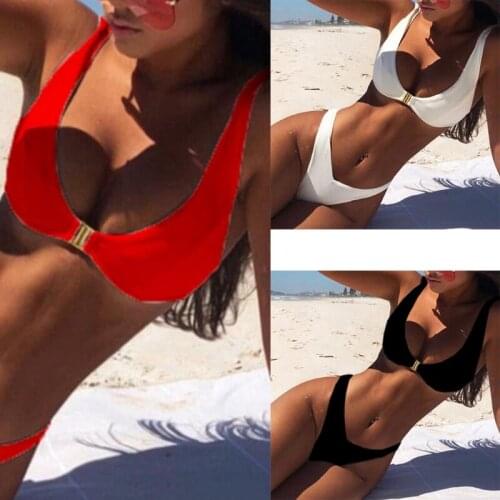 Womens Sex 2pcs Bikini Set Scoop Neck Metal Buckle Front Bra Swimsuit Low Waist High Cut Thong Solid Color Bathing Suit E56D
