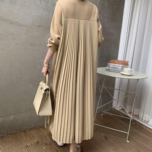SuperAen French O Neck Patchwork Design Feel Back Pleated Plus Velvet Draped A-LINE Solid Casual Dress for Women