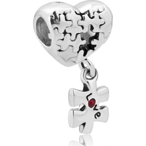 Free shipping 1PC Puzzle Heart Charm Bracelet Dangle Love Red Crystal Charms Fits Pandora Style Charm Bracelets