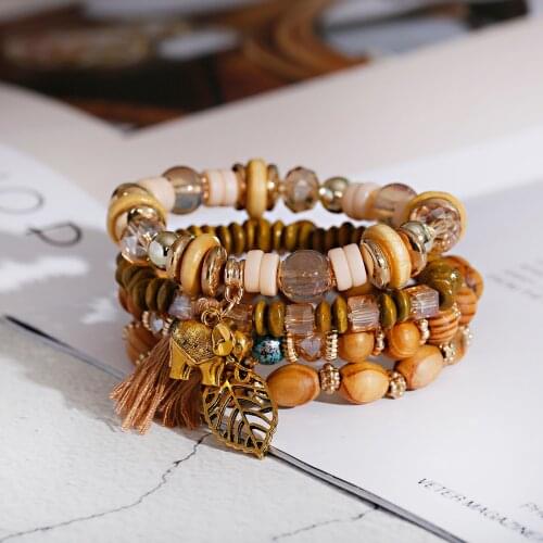 3Pcs/Lot Ethnic Womens Bracelets Set Pour Les Femmes Bohemia Charm Natural Stone&Wood Beads Heart Alloy Pendents Bracelets