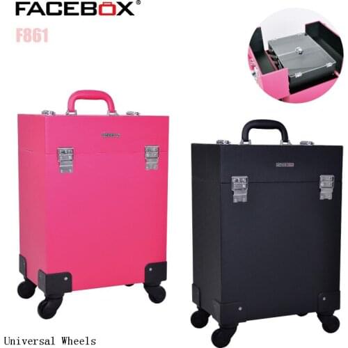 Facebox Trolley Makeup Box Beauty Case with wheels Professional makeup box Black and pink color Standard and Univeral Wheel