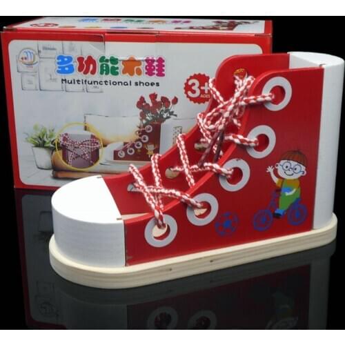 Baby Early training practice tie his shoes Model Wooden Toy Childrens educational Basic & Life Skills Toys Lace shoes one piece