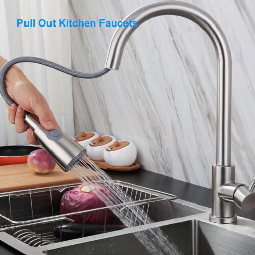 Brushed Nickel Mixer Faucet Single Hole Pull Out Spout Kitchen Sink Mixer Tap with Stream Sprayer Head Chrome/Black Kitchen Tap