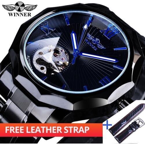 Winner Watch + Band Set Combination 2019 Black Steel Strap Blue Hands Men Mechanical Irregular Shape Luminous Hands Watches Gift