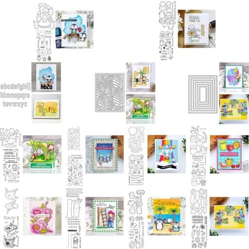 Foliage Rectangle Cutting Dies With Clear Stamps Set Penguin Monkey Giraffe Bird Summer Fruits Petals Ladder DIY Craft 2021