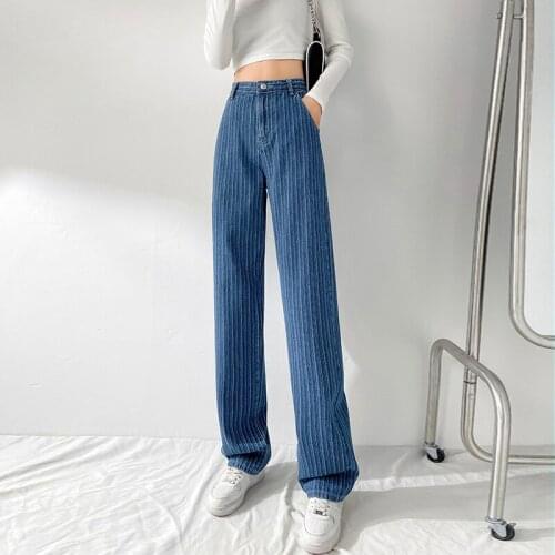 2021 New Blue Women Pants Casual Striped Retro Basic Straight Loose Plus Size Jeans Fashion Trendy Women Jeans